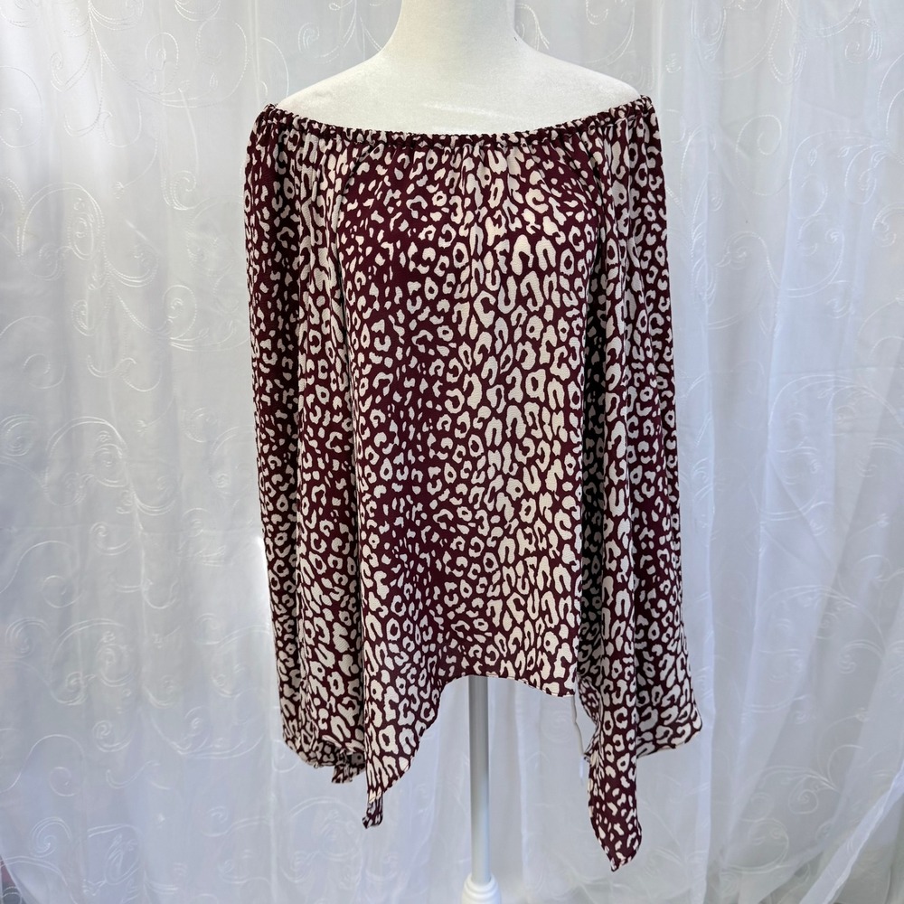 Michael Michael Kors Burgundy Leopard Off The Shoulder Handkerchief Hem Top L